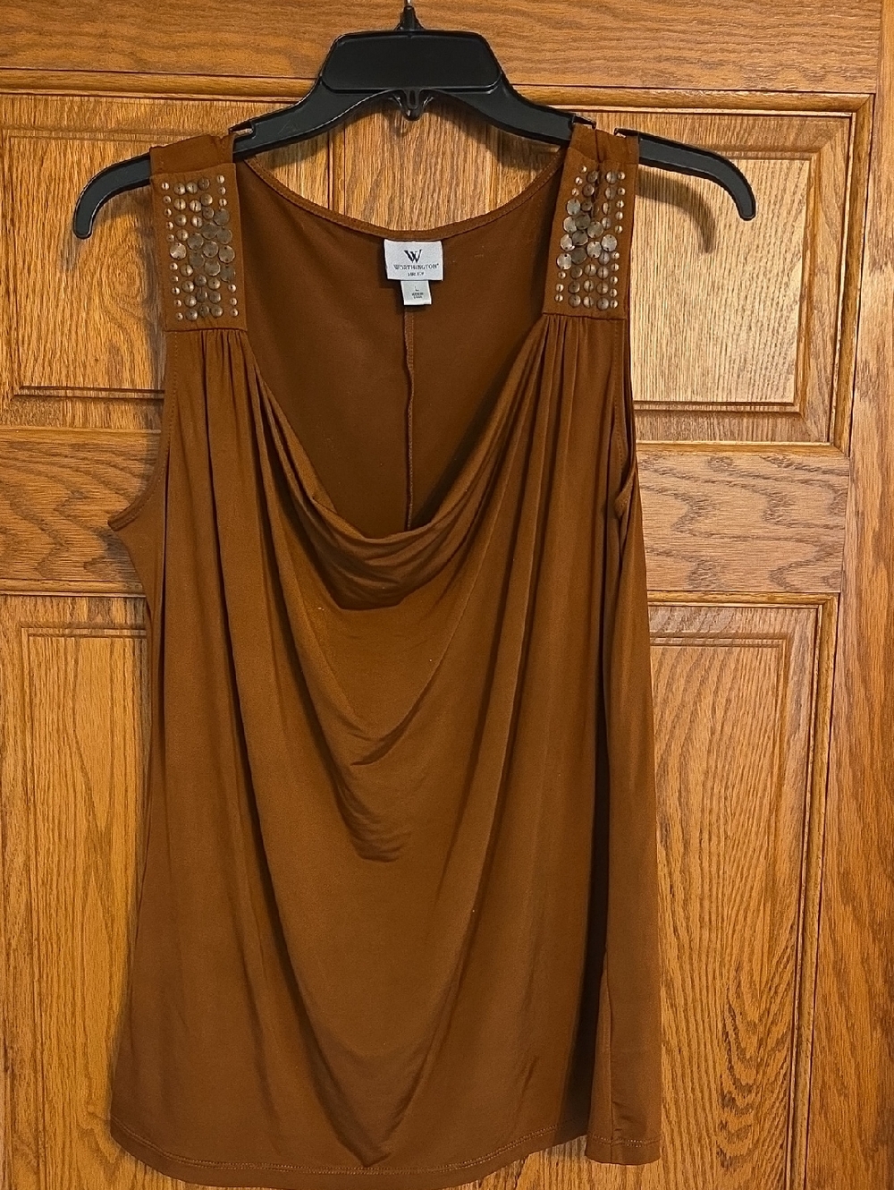 Worthington Rust Brown Cowl Neck Sleeveless Stud-Accent Tank